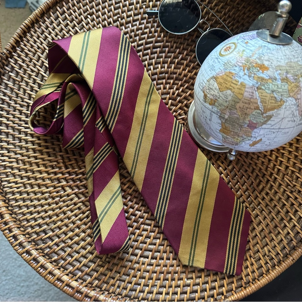J. CREW Vintage Burgundy Yellow Gold Classic Preppy Stripe Silk Necktie